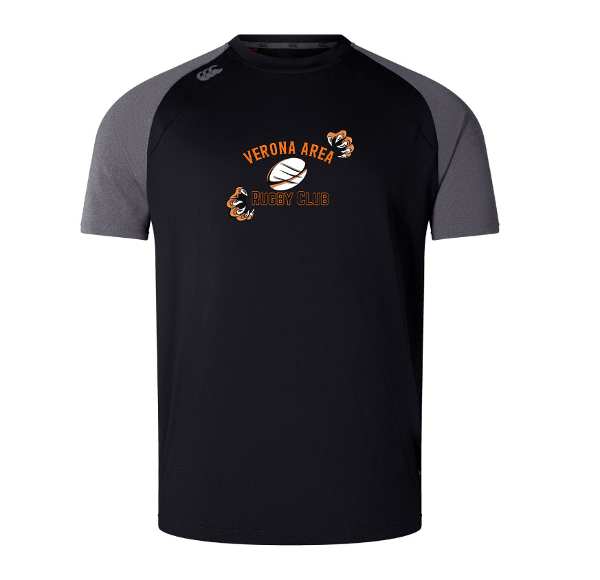 The Verona Area Rugby Elite Training Tee by WRS Canterbury is a lightweight rugby shirt with gray sleeves, "Verona Area Rugby Club" text, and a rugby ball graphic. Made from Vapodri fabrics, it's ideal for training, offering enhanced comfort and performance.