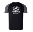 The Fortivus Academy Elite Training Tee by WRS Canterbury features black and gray Vapodri fabric, a white lion crest, and "Fortivus Academy" text—lightweight and durable for any workout.