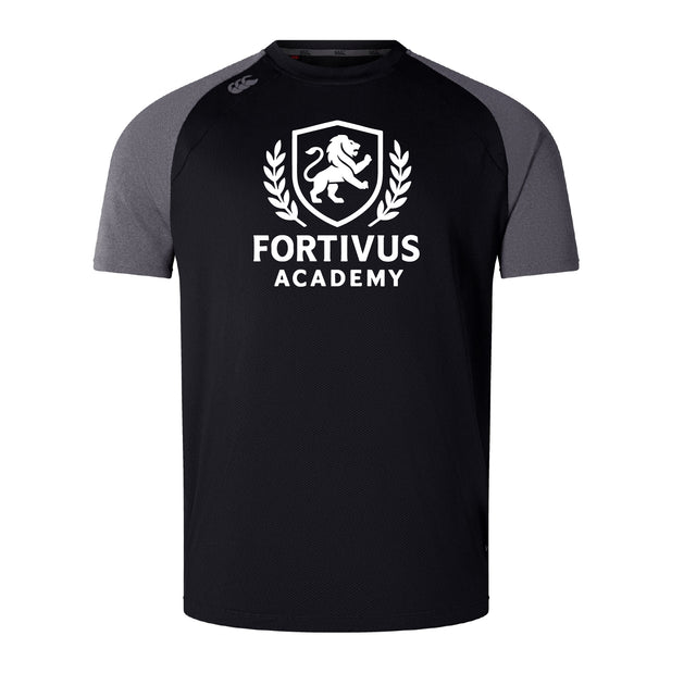 The Fortivus Academy Elite Training Tee by WRS Canterbury features black and gray Vapodri fabric, a white lion crest, and "Fortivus Academy" text—lightweight and durable for any workout.