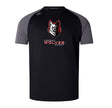 The Lincoln Wolves Elite Training Tee by WRS Canterbury is a black and gray short-sleeve shirt with a wolf head logo and "Lincoln Wolves Rugby" on the front, made from lightweight Vapodri fabric for comfort.
