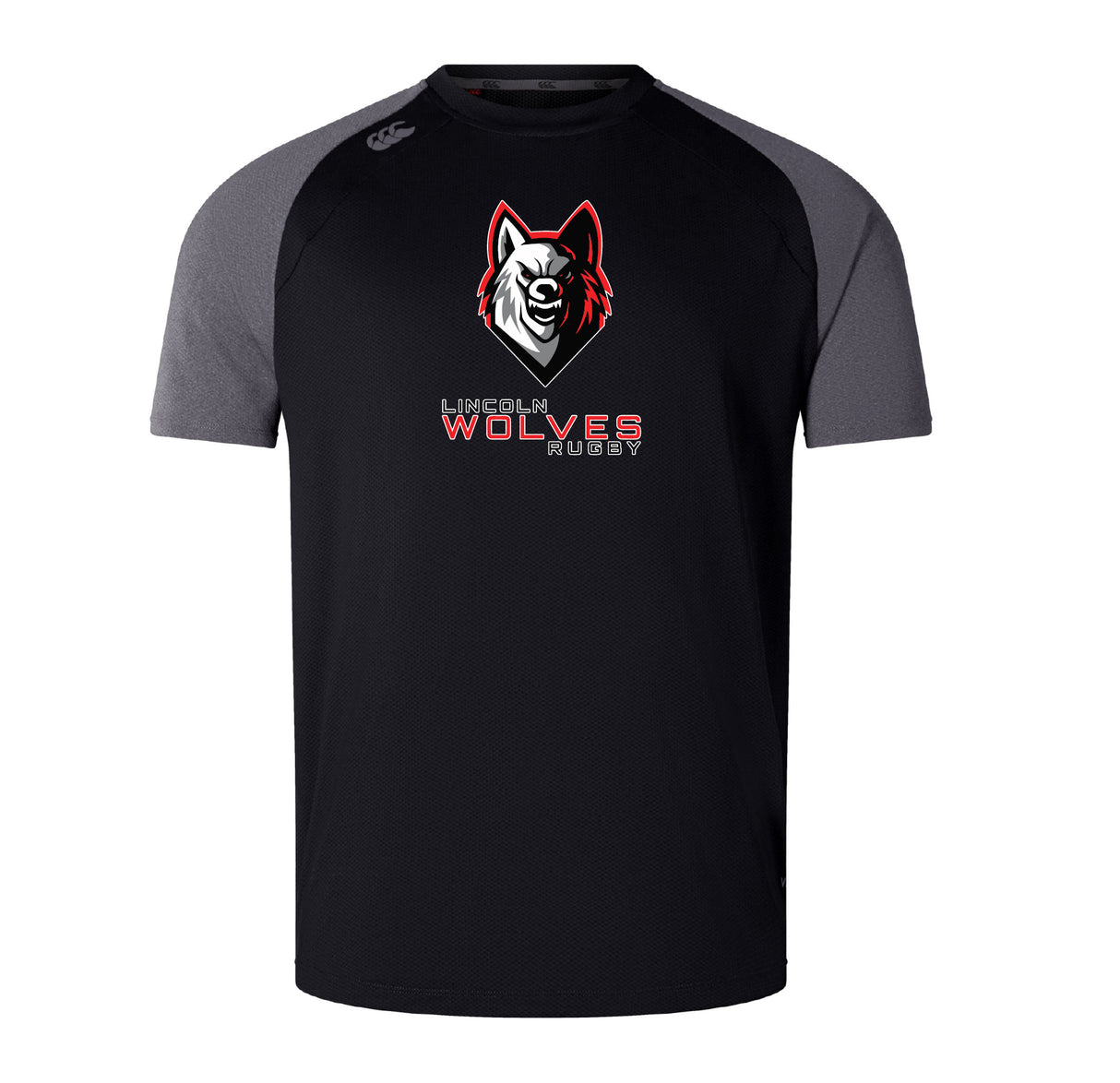 The Lincoln Wolves Elite Training Tee by WRS Canterbury is a black and gray short-sleeve shirt with a wolf head logo and "Lincoln Wolves Rugby" on the front, made from lightweight Vapodri fabric for comfort.