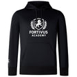 The Fortivus Academy Club Lightweight Hoodie by Canterbury (WRS Canterbury) features a black design with "Fortivus Academy" and a white lion crest logo on the front, plus a kangaroo pocket and drawstring hood.