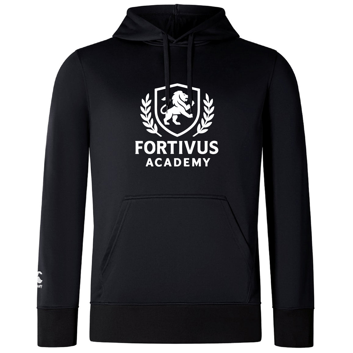 The Fortivus Academy Club Lightweight Hoodie by Canterbury (WRS Canterbury) features a black design with "Fortivus Academy" and a white lion crest logo on the front, plus a kangaroo pocket and drawstring hood.