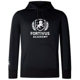 The Fortivus Academy Club Lightweight Hoodie by Canterbury (WRS Canterbury) features a black design with "Fortivus Academy" and a white lion crest logo on the front, plus a kangaroo pocket and drawstring hood.