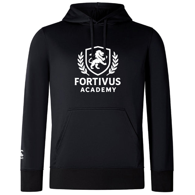 The Fortivus Academy Club Lightweight Hoodie by Canterbury (WRS Canterbury) features a black design with "Fortivus Academy" and a white lion crest logo on the front, plus a kangaroo pocket and drawstring hood.