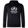 The Fortivus Academy Club Lightweight Hoodie by Canterbury (WRS Canterbury) features a black design with "Fortivus Academy" and a white lion crest logo on the front, plus a kangaroo pocket and drawstring hood.
