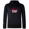 The Guilford College Club Lightweight Hoodie by WRS Canterbury is a black hoodie with a kangaroo pocket, featuring a maroon rugby ball graphic and "QUAKER RUGBY" text on the chest. Made to order for comfort and style.