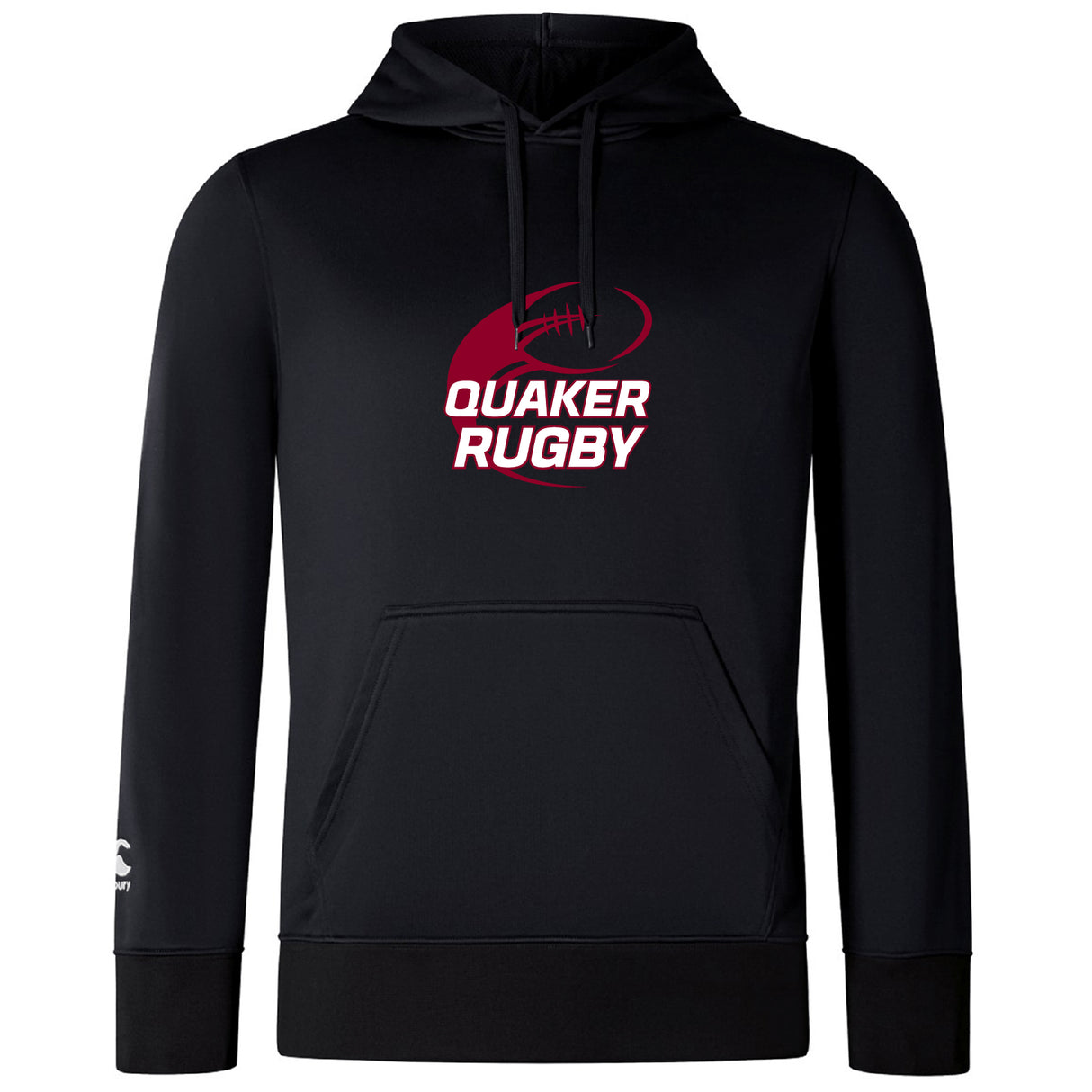 The Guilford College Club Lightweight Hoodie by WRS Canterbury is a black hoodie with a kangaroo pocket, featuring a maroon rugby ball graphic and "QUAKER RUGBY" text on the chest. Made to order for comfort and style.