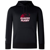 The Guilford College Club Lightweight Hoodie by WRS Canterbury is a black hoodie with a kangaroo pocket, featuring a maroon rugby ball graphic and "QUAKER RUGBY" text on the chest. Made to order for comfort and style.