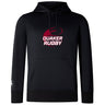 The Guilford College Club Lightweight Hoodie by WRS Canterbury is a black hoodie with a kangaroo pocket, featuring a maroon rugby ball graphic and "QUAKER RUGBY" text on the chest. Made to order for comfort and style.