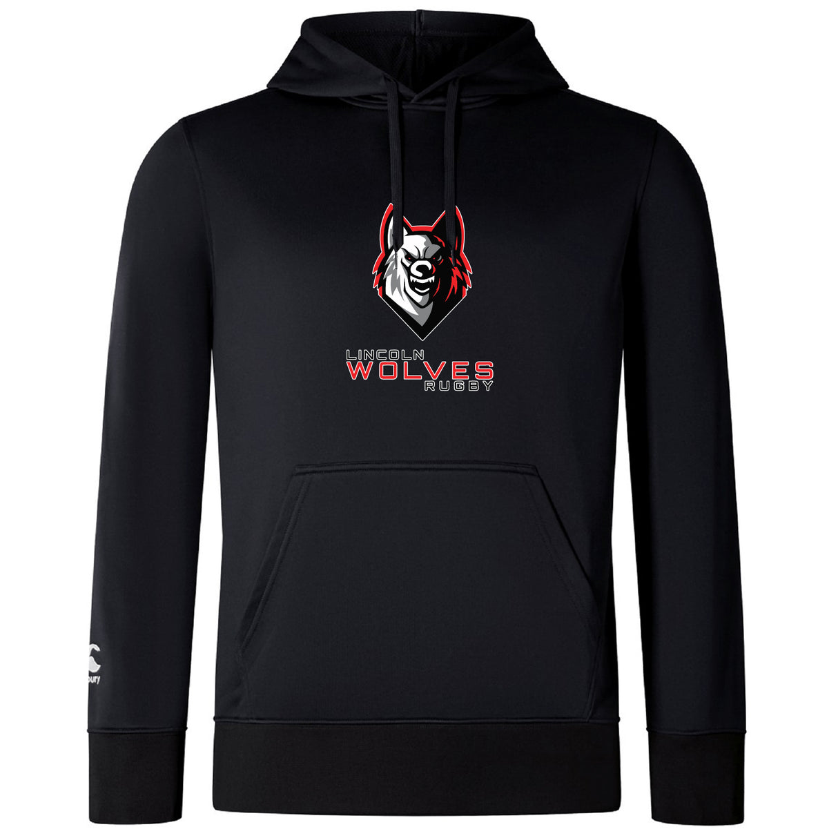 The Lincoln Wolves Club Lightweight Hoodie by Canterbury from WRS Canterbury features a stylized wolf head logo and "Lincoln Wolves Rugby" in red and white on the chest, with a kangaroo pocket, inspired by the classic Canterbury Club hoodie design.