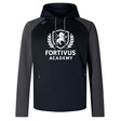 The Fortivus Academy Elite Training Hoody by WRS Canterbury features a black and gray design with a white lion and laurel logo on the chest—premium sportswear for athletes seeking style and performance.
