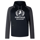 The Fortivus Academy Elite Training Hoody by WRS Canterbury features a black and gray design with a white lion and laurel logo on the chest—premium sportswear for athletes seeking style and performance.