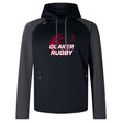 The Guilford College Elite Training Hoody by WRS Canterbury features "Quaker Rugby" and a rugby ball graphic in red and white on the front—making it a top-quality sportswear choice for any fan.