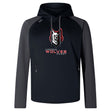 The Lincoln Wolves Elite Training Hoody by WRS Canterbury features a wolf logo and "Lincoln Wolves Rugby" on the chest, in black and gray premium fabric for lasting comfort and durability.