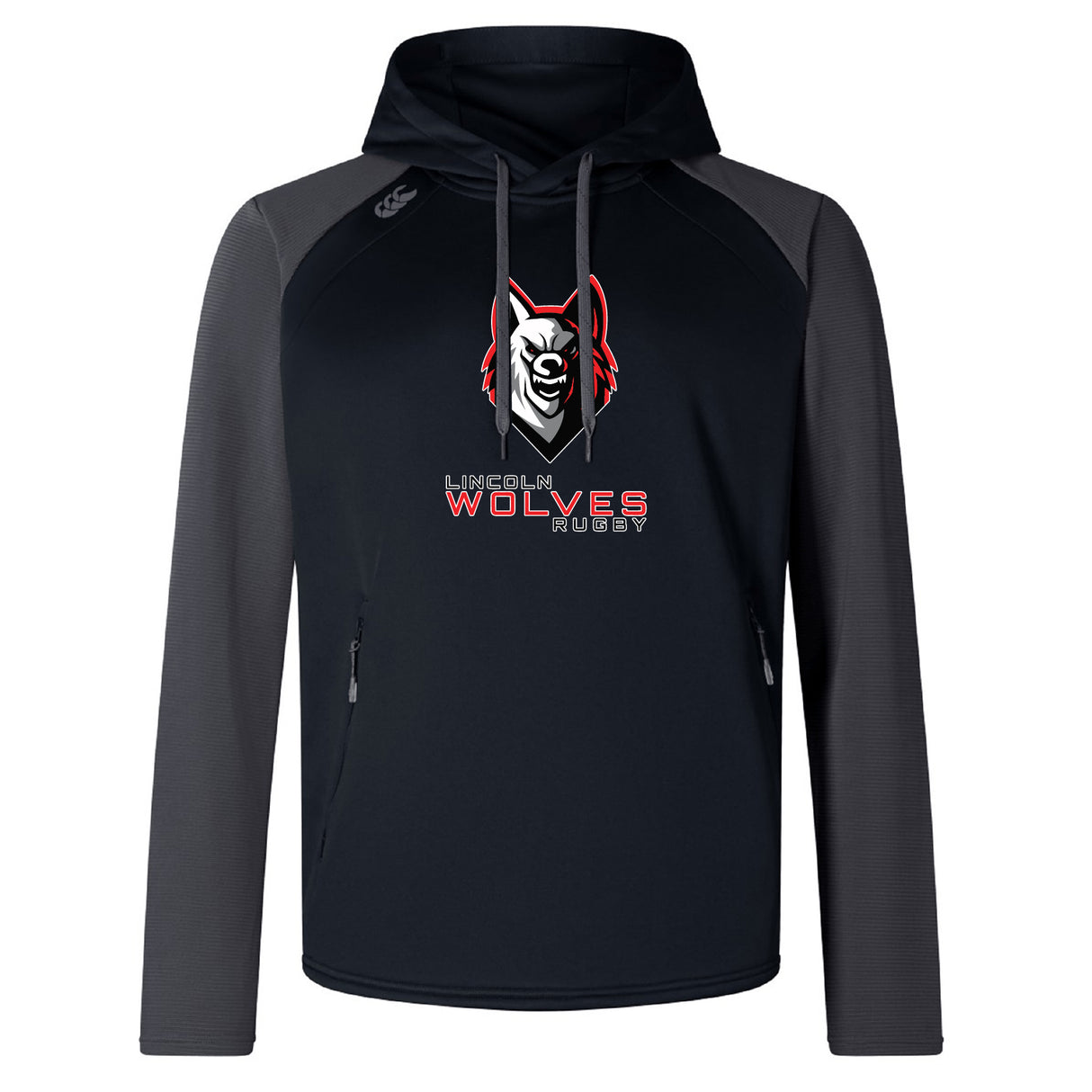 The Lincoln Wolves Elite Training Hoody by WRS Canterbury features a wolf logo and "Lincoln Wolves Rugby" on the chest, in black and gray premium fabric for lasting comfort and durability.