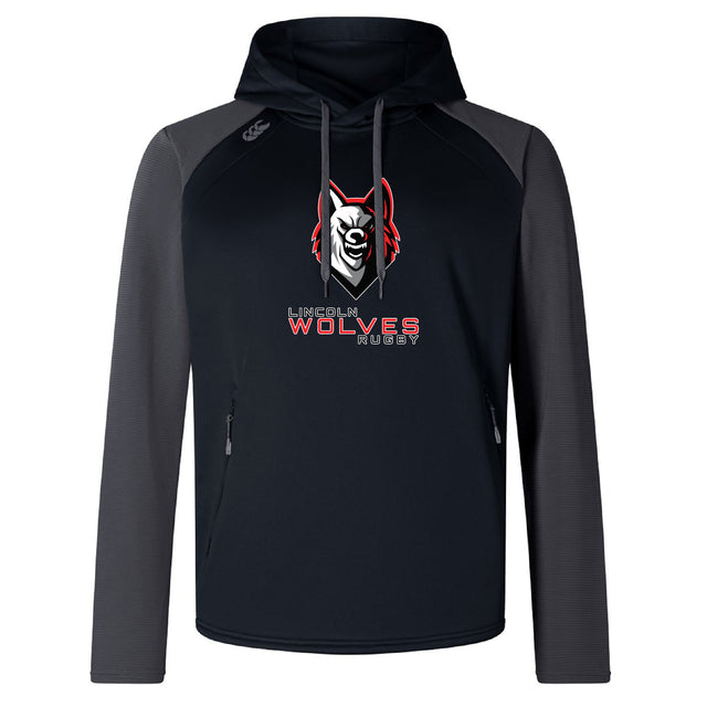 The Lincoln Wolves Elite Training Hoody by WRS Canterbury features a wolf logo and "Lincoln Wolves Rugby" on the chest, in black and gray premium fabric for lasting comfort and durability.