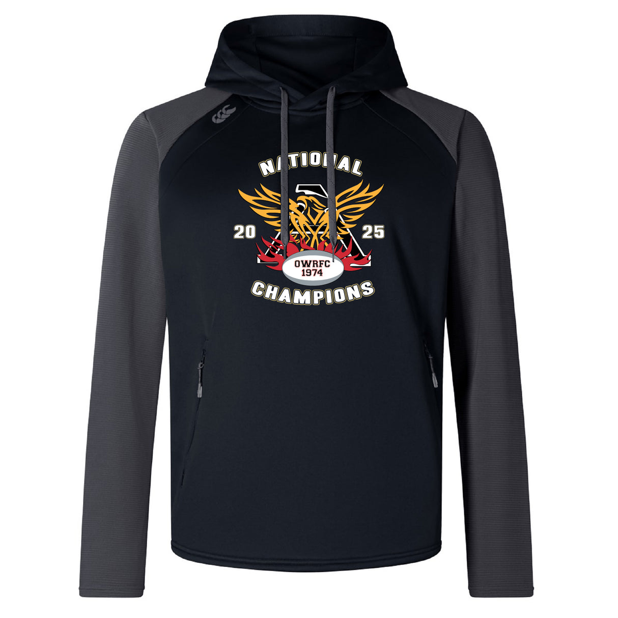 The Atlanta Old White Rugby Champs Elite Training Hoody by WRS Canterbury features black and gray colors, a tiger crest, "National Champions 2025," "OWRFC 1974," red accents, and custom sportswear details for top performance.