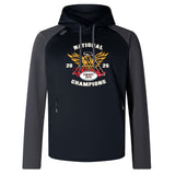 The Atlanta Old White Rugby Champs Elite Training Hoody by WRS Canterbury features black and gray colors, a tiger crest, "National Champions 2025," "OWRFC 1974," red accents, and custom sportswear details for top performance.