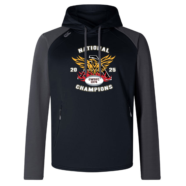 The Atlanta Old White Rugby Champs Elite Training Hoody by WRS Canterbury features black and gray colors, a tiger crest, "National Champions 2025," "OWRFC 1974," red accents, and custom sportswear details for top performance.
