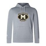 The Monarch Rugby Club Club Lightweight Hoodie by WRS Canterbury is a light gray hoodie with a kangaroo pocket, black and gold "Monarch Rugby" logo, and a large "M" on the chest in Canterbury Club style.