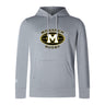 The Monarch Rugby Club Club Lightweight Hoodie by WRS Canterbury is a light gray hoodie with a kangaroo pocket, black and gold "Monarch Rugby" logo, and a large "M" on the chest in Canterbury Club style.