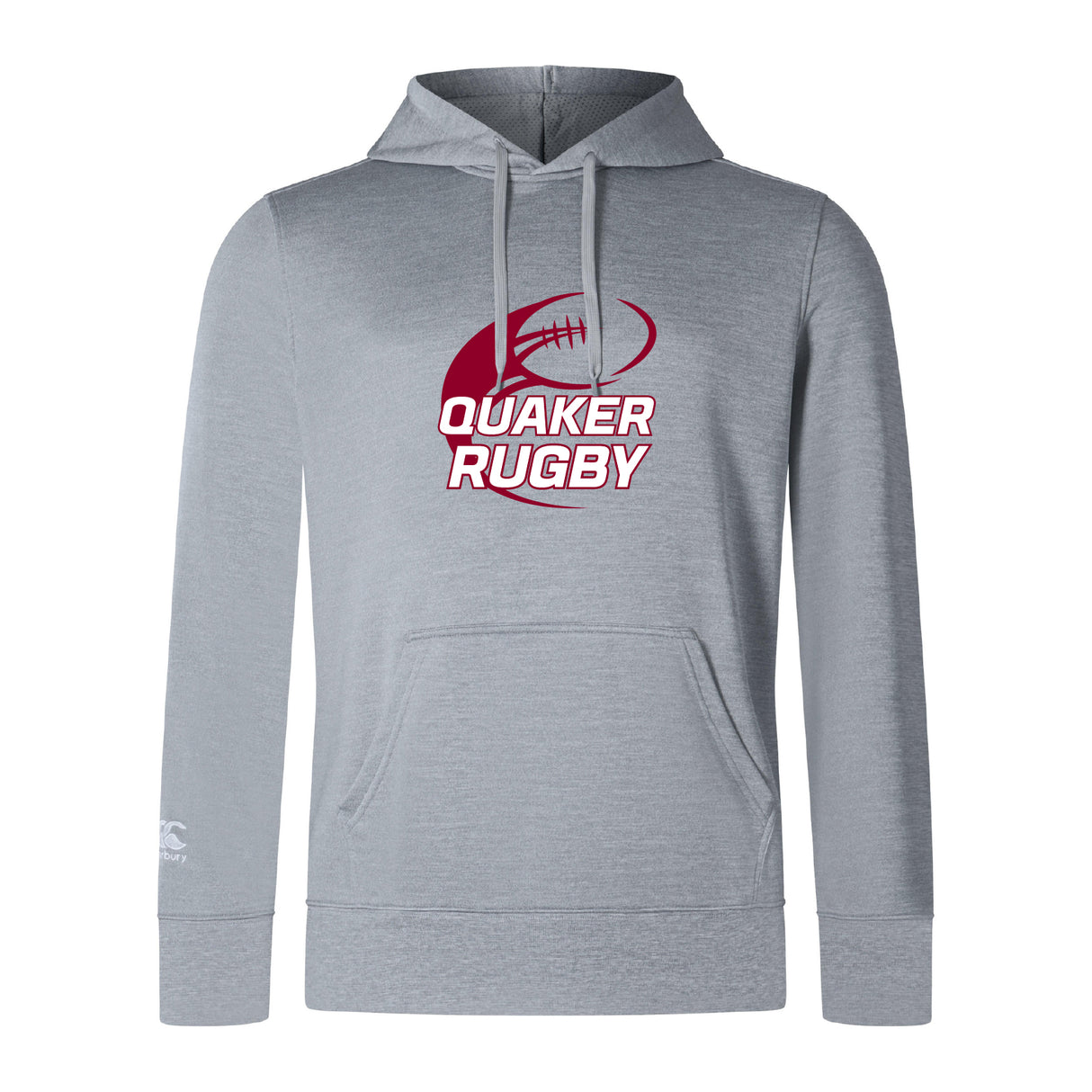 The Guilford College Club Lightweight Hoodie by WRS Canterbury features a light gray design with a front pocket, drawstrings, maroon rugby ball graphic, and "QUAKER RUGBY" on the chest. Made to order for comfort and style.