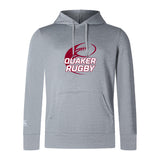 The Guilford College Club Lightweight Hoodie by WRS Canterbury features a light gray design with a front pocket, drawstrings, maroon rugby ball graphic, and "QUAKER RUGBY" on the chest. Made to order for comfort and style.