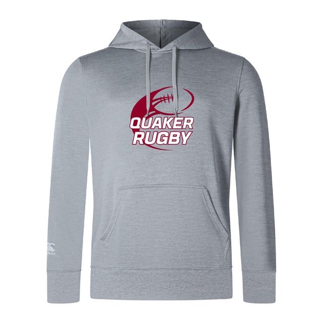 The Guilford College Club Lightweight Hoodie by WRS Canterbury features a light gray design with a front pocket, drawstrings, maroon rugby ball graphic, and "QUAKER RUGBY" on the chest. Made to order for comfort and style.