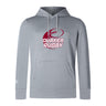 The Guilford College Club Lightweight Hoodie by WRS Canterbury features a light gray design with a front pocket, drawstrings, maroon rugby ball graphic, and "QUAKER RUGBY" on the chest. Made to order for comfort and style.