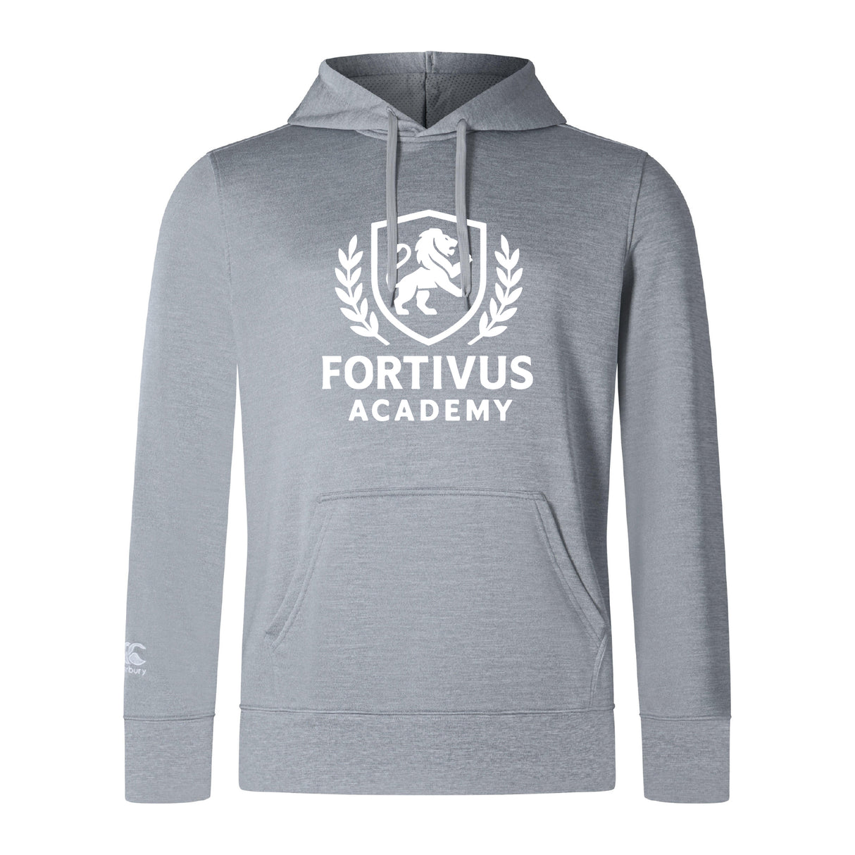 The Fortivus Academy Club Lightweight Hoodie by WRS Canterbury features the "FORTIVUS ACADEMY" logo with a lion, shield, and laurel wreath on the front, plus a classic kangaroo pocket for convenience.