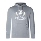 The Fortivus Academy Club Lightweight Hoodie by WRS Canterbury features the "FORTIVUS ACADEMY" logo with a lion, shield, and laurel wreath on the front, plus a classic kangaroo pocket for convenience.