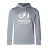 The Fortivus Academy Club Lightweight Hoodie by WRS Canterbury features the "FORTIVUS ACADEMY" logo with a lion, shield, and laurel wreath on the front, plus a classic kangaroo pocket for convenience.