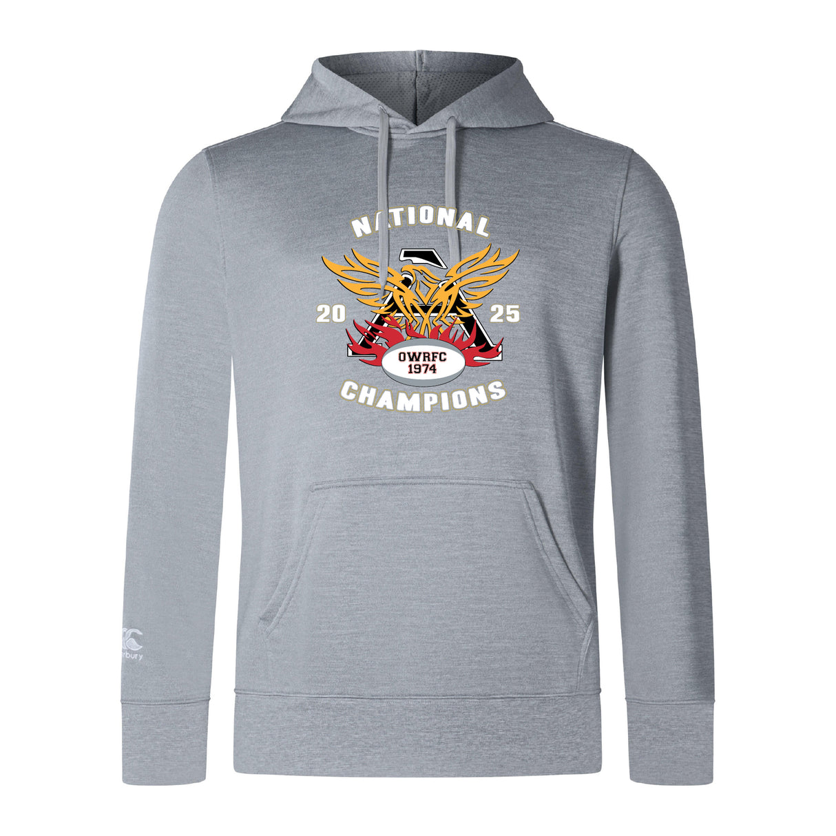 The Atlanta Old White Rugby Champs Club Lightweight Hoodie by WRS Canterbury features a "National Champions 2025" emblem with crossed rugby balls, a shield, "OWRFC 1974" on the chest, and a kangaroo pocket for convenience.