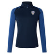 The Franklin County High School Rugby Women's Elite First Layer by EMB Canterbury features a navy and blue design, quarter-zip front, "Fever RFL" crest, and VapoDri tech for top moisture wicking—your ultimate athletic top.