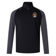 The Atlanta Old White Rugby Champs Elite First Layer by EMB Canterbury is a black and dark gray quarter-zip training top with long sleeves and an embroidered "National Champions" logo, offering comfort for workouts or daily wear.