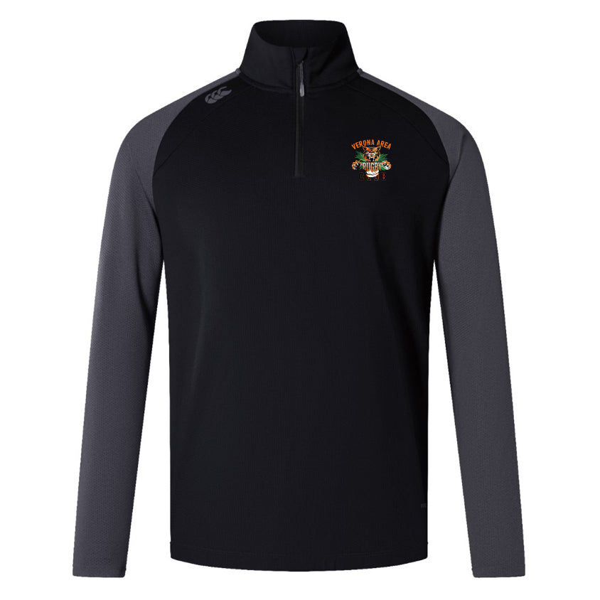 The Verona Area Rugby Women's Elite First Layer by EMB Canterbury is a black and gray long-sleeve pullover with a high collar, partial front zipper, and "Tigers" logo on the chest. Made from honeycomb fabric for enhanced comfort and style.