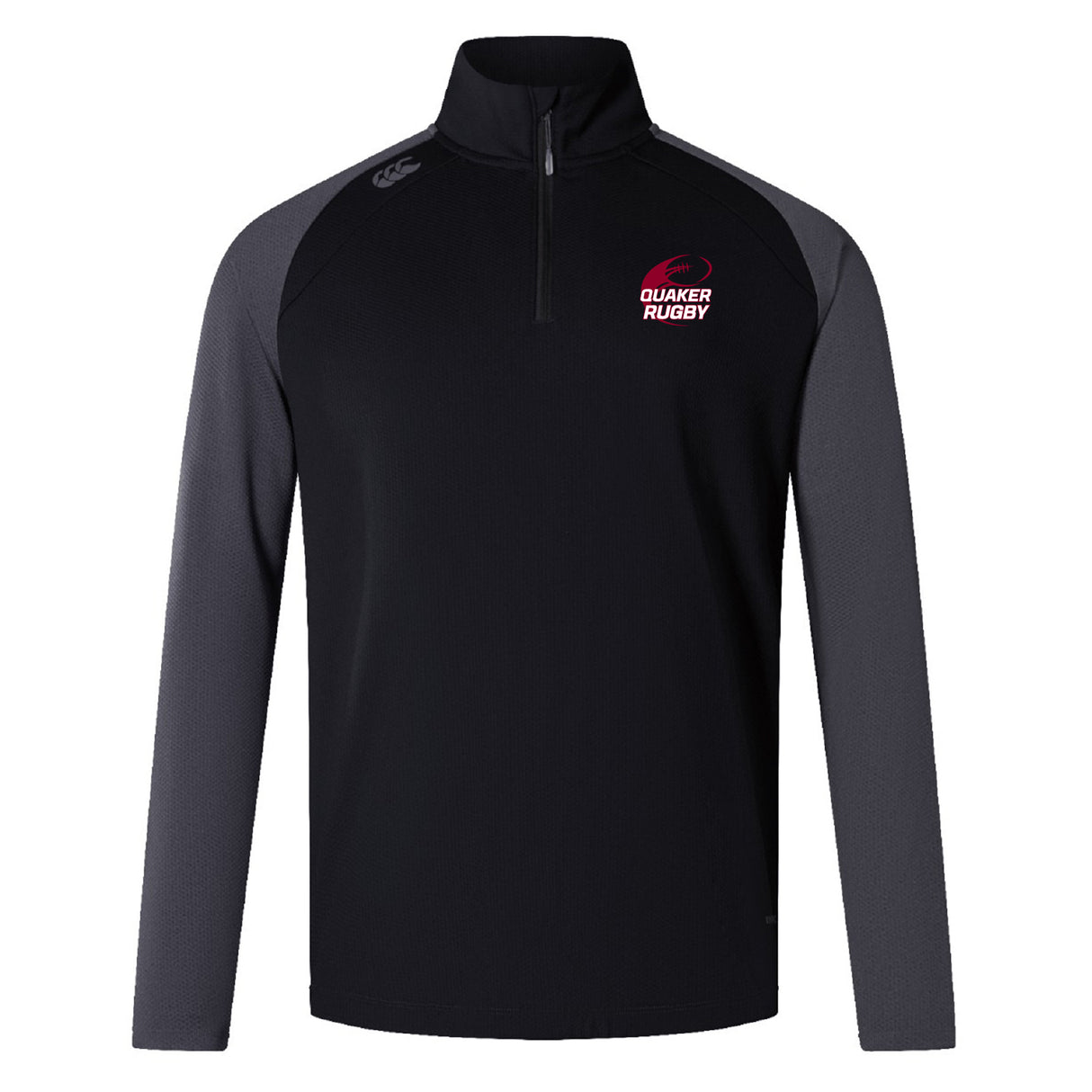 The Guilford College Women's Elite First Layer by EMB Canterbury is a black and dark gray long-sleeve quarter-zip pullover with "Quaker Rugby" on the left chest, a brand logo on the right shoulder, and moisture-wicking comfort.