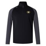The Monarch Rugby Club Elite First Layer by EMB Canterbury is a black and gray long-sleeve quarter-zip rugby training top with VapoDri technology and an "M Rugby" logo on the left chest.