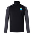 The EMB Canterbury Las Colinas Rugby Elite First Layer is a black and gray quarter-zip pullover with a crest logo on the left chest, brand logo on the right shoulder, and VapoDri tech—perfect for rugby training.