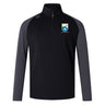 The EMB Canterbury Las Colinas Rugby Elite First Layer is a black and gray quarter-zip pullover with a crest logo on the left chest, brand logo on the right shoulder, and VapoDri tech—perfect for rugby training.