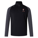 The Lincoln Wolves Elite First Layer by EMB Canterbury is a black and gray long-sleeve quarter-zip with a wolf mascot and "WOLVES" on the left chest, featuring VapoDri technology for comfort.