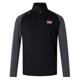 Black and dark gray Guilford College Elite First Layer by EMB Canterbury, a quarter-zip long-sleeve rugby training top with "Quaker Rugby" on the left chest and a small Canterbury logo on the right shoulder.