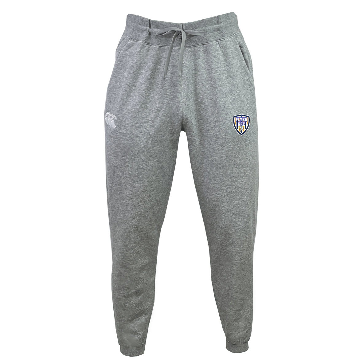 Franklin County High School Rugby Leisure Sweatpant by EMB Canterbury—gray joggers with a drawstring waist, white logo on the left thigh, and a blue-and-white badge on the right thigh—crafted for comfort and style, shown against a white background.