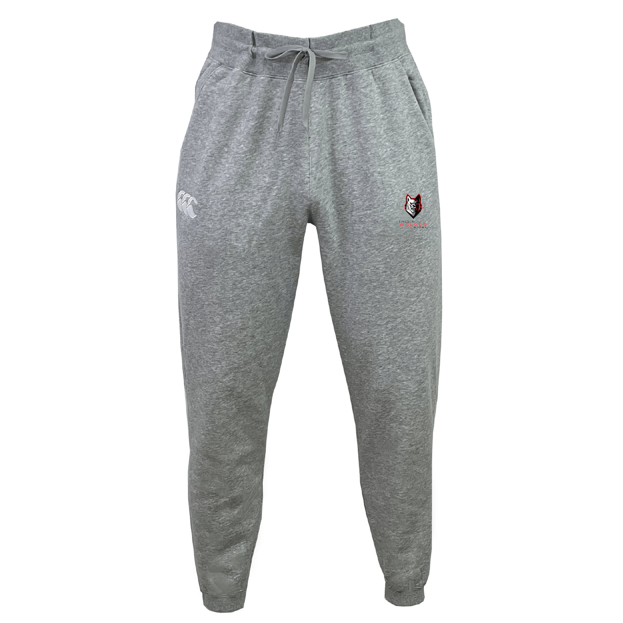 The Lincoln Wolves Leisure Sweatpant by EMB Canterbury features a light grey design, elastic waistband, drawstring, and two embroidered logos on the thighs, offering style and comfort.
