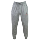 The Lincoln Wolves Leisure Sweatpant by EMB Canterbury features a light grey design, elastic waistband, drawstring, and two embroidered logos on the thighs, offering style and comfort.