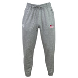The Guilford College Leisure Sweatpant by EMB Canterbury features a drawstring waist, sustainable fleece for comfort, a white logo on the left thigh, and a red "Dersier Rugby" logo on the right.