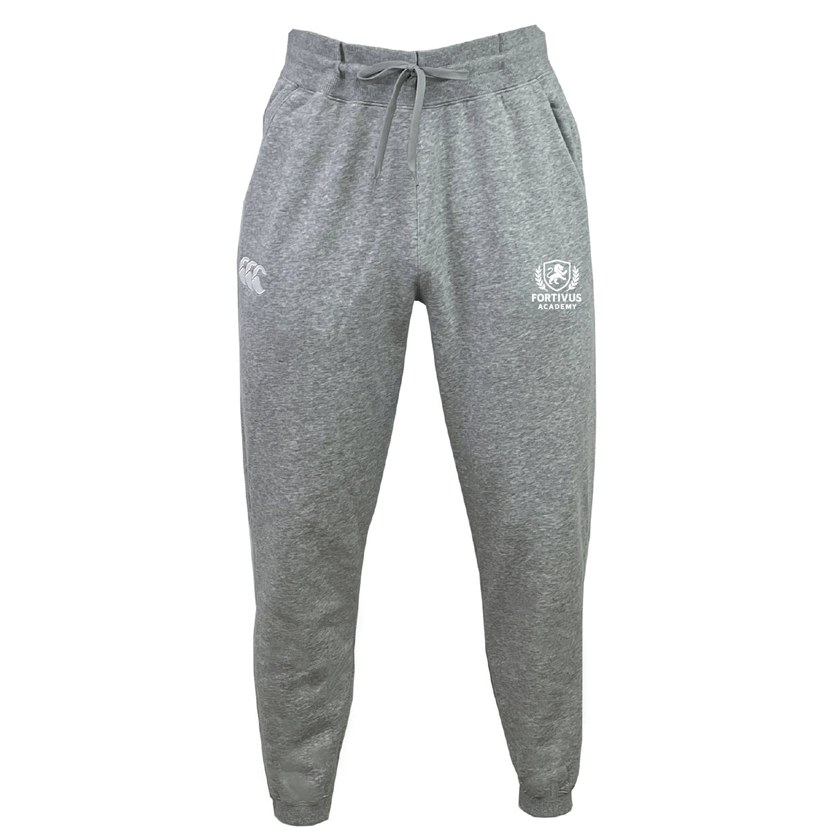 The Fortivus Academy Leisure Sweatpant by EMB Canterbury features a gray organic cotton jogger design, drawstring waist, and two embroidered thigh logos, shown against a white background.
