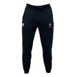 The Lincoln Wolves Leisure Sweatpant by EMB Canterbury features cozy black sweatpant material, a drawstring waistband, white "CCC" logo on the left thigh, and a red and white wolf with "WOLVES RFC" on the right thigh.