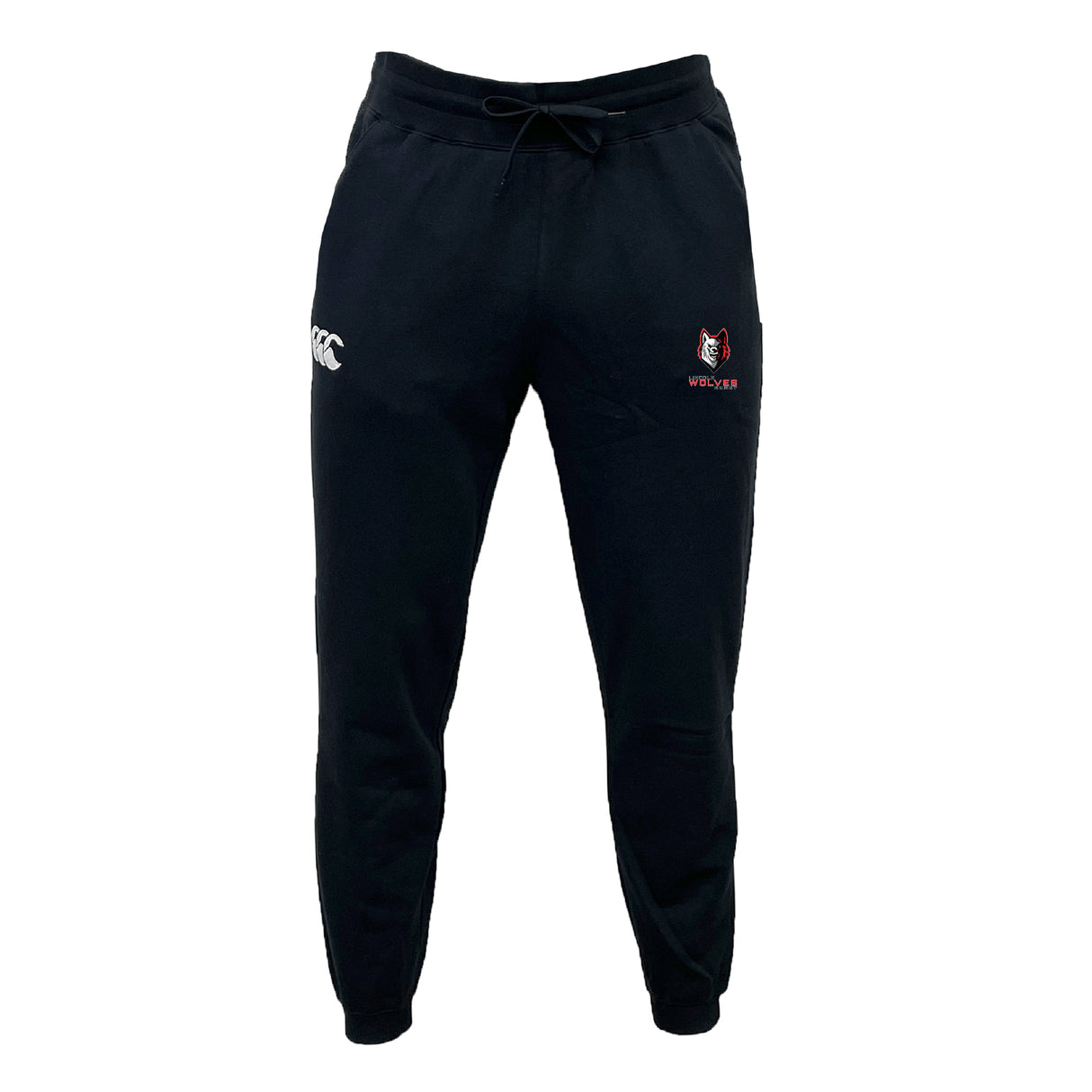 The Lincoln Wolves Leisure Sweatpant by EMB Canterbury features cozy black sweatpant material, a drawstring waistband, white "CCC" logo on the left thigh, and a red and white wolf with "WOLVES RFC" on the right thigh.